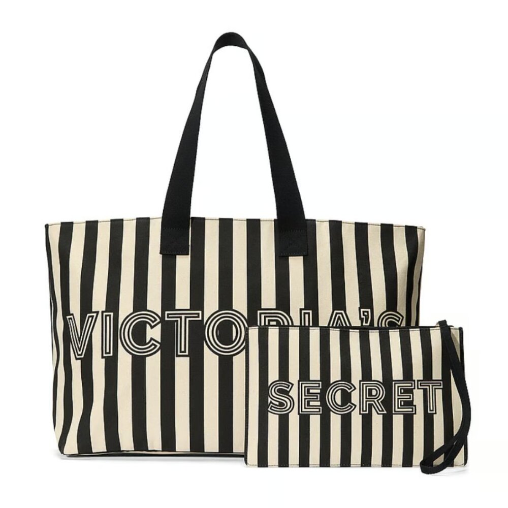 Victoria's Secret Graphic Stripe Tote & Wrist-let Pouch Set